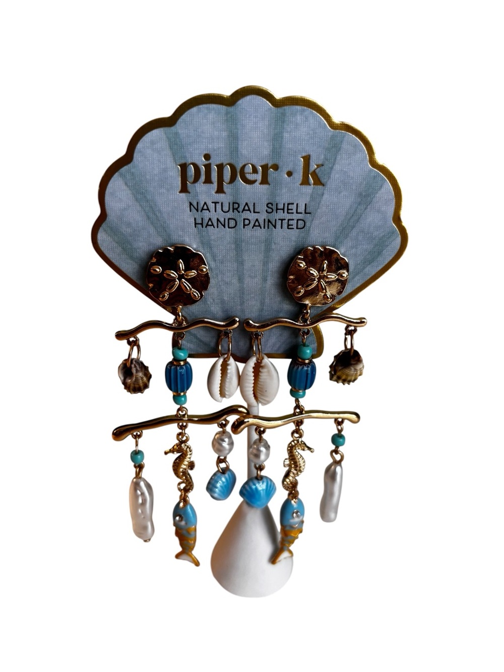 Piper.k Hand Painted Natural Shell & Coastal Charms Chandelier Drop Earrings.